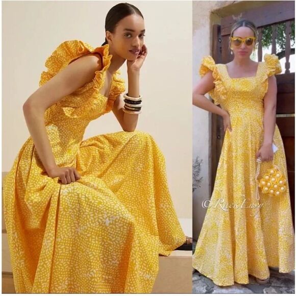 NWT SIKA x Anthropologie Marigold Yellow White Ruffled Sleeve Maxi Dress 8P - Picture 1 of 9